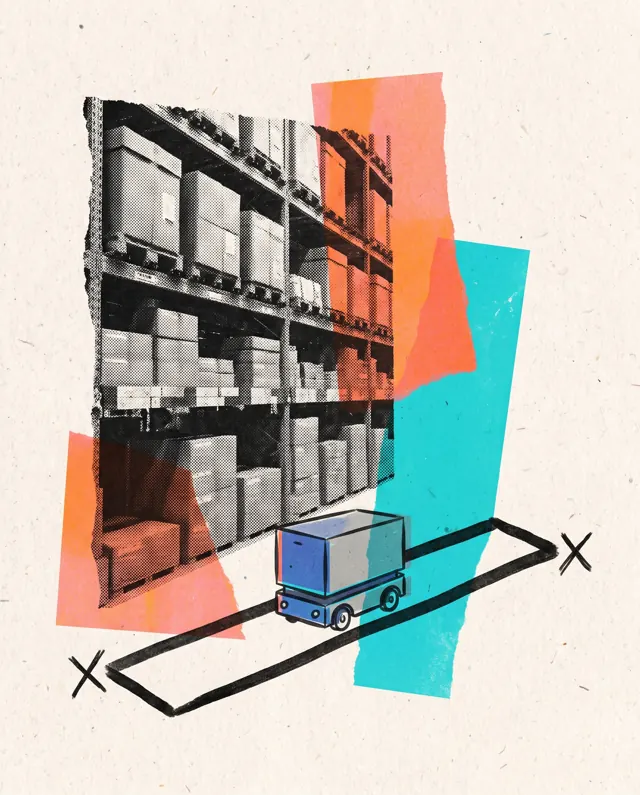 Collage: scaffalature di magazzino e un carrello automatico su un unico tratto disegnato fra due punti