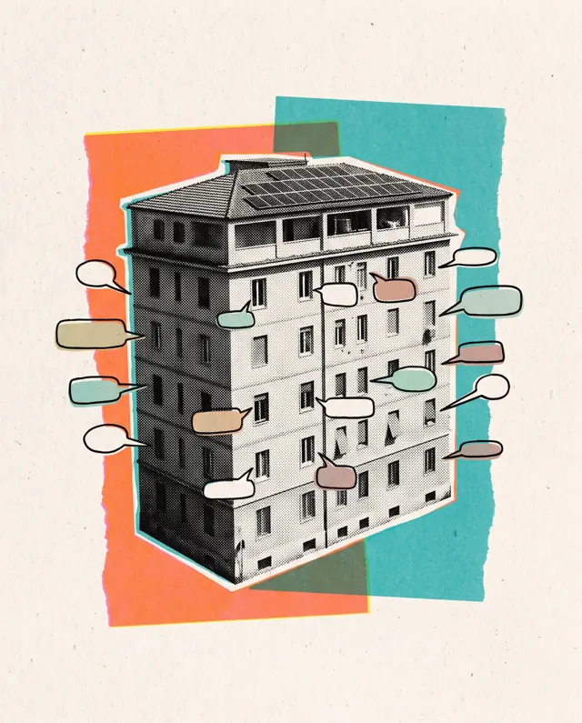 Collage: un condominio con pannelli solari sul tetto e tanti fumetti vuoti dalle finestre